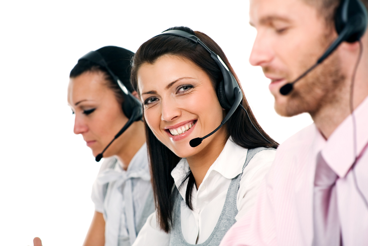 Customer service group with woman smiling widely