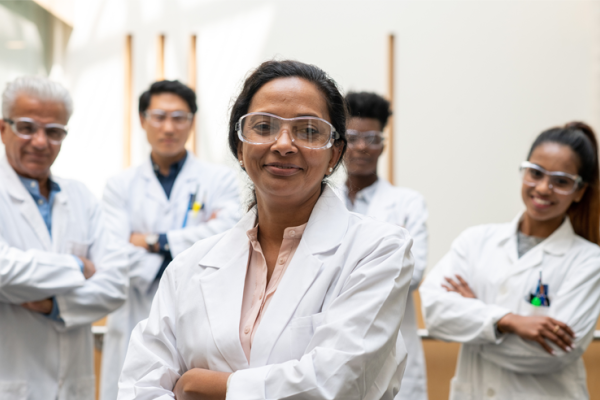 Five people in labcoats and splash glasses standing with arms folded
