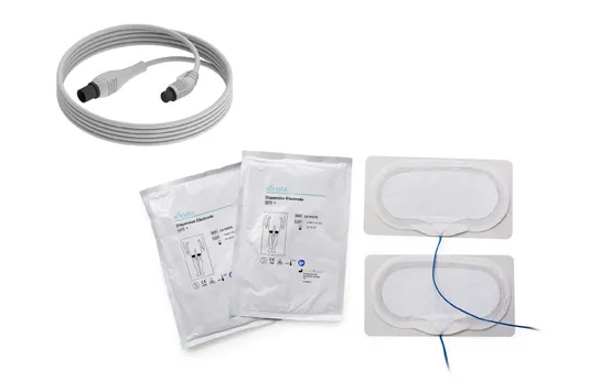 The three-meter detachable and reusable RFA handpiece cable connects the handpiece to the generator, which enables power to the handpiece.  The single-use dispersive electrodes return RF energy from the handpiece back to the generator via two flexible pads, one placed on each thigh.