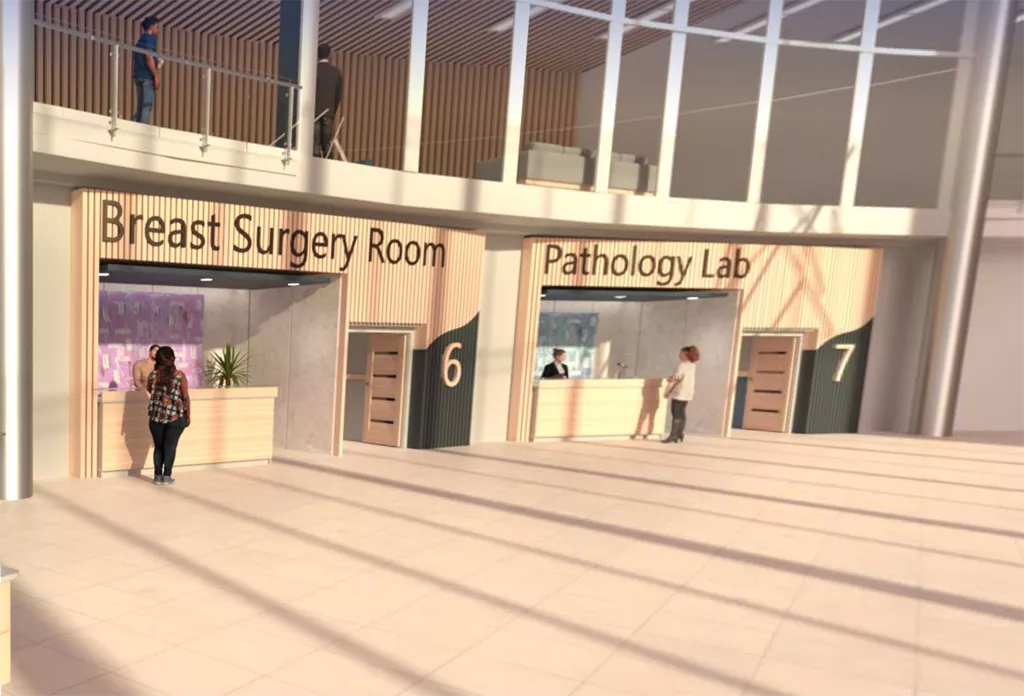 Woman visiting virtual hospital with Breast Surgery Room and Pathology Lab