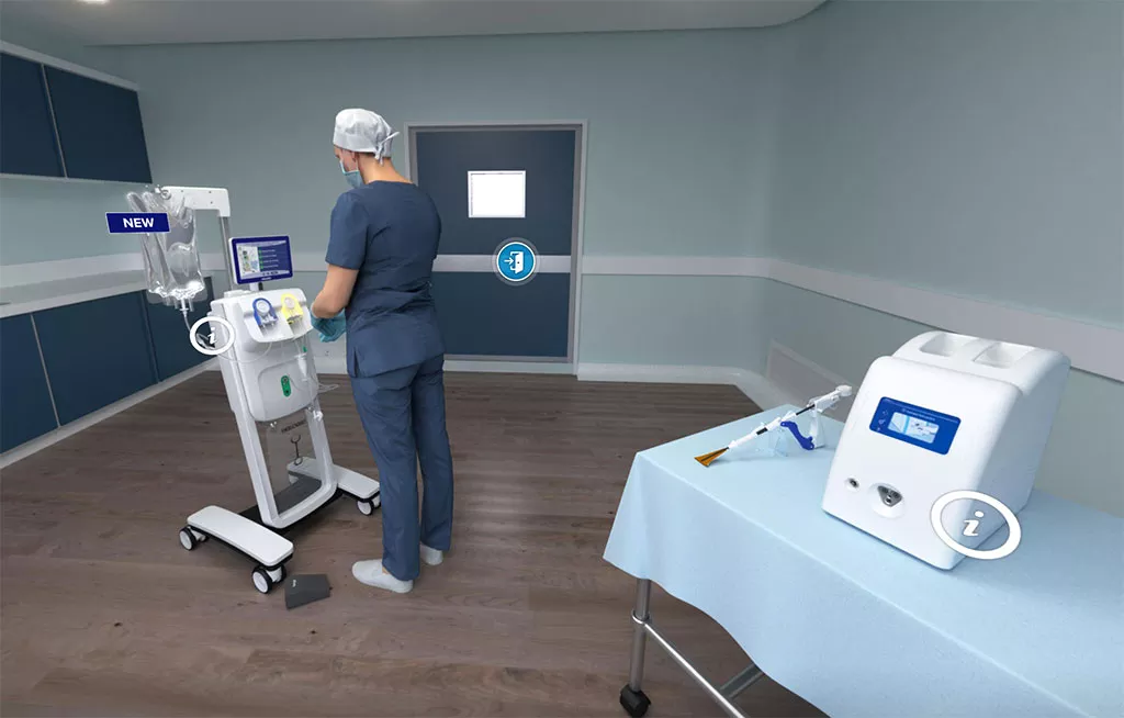 Image of patient room with physician in virtual hospital.