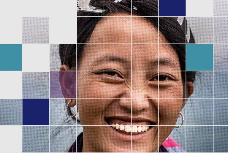 Tanned woman smiling with pixelated design
